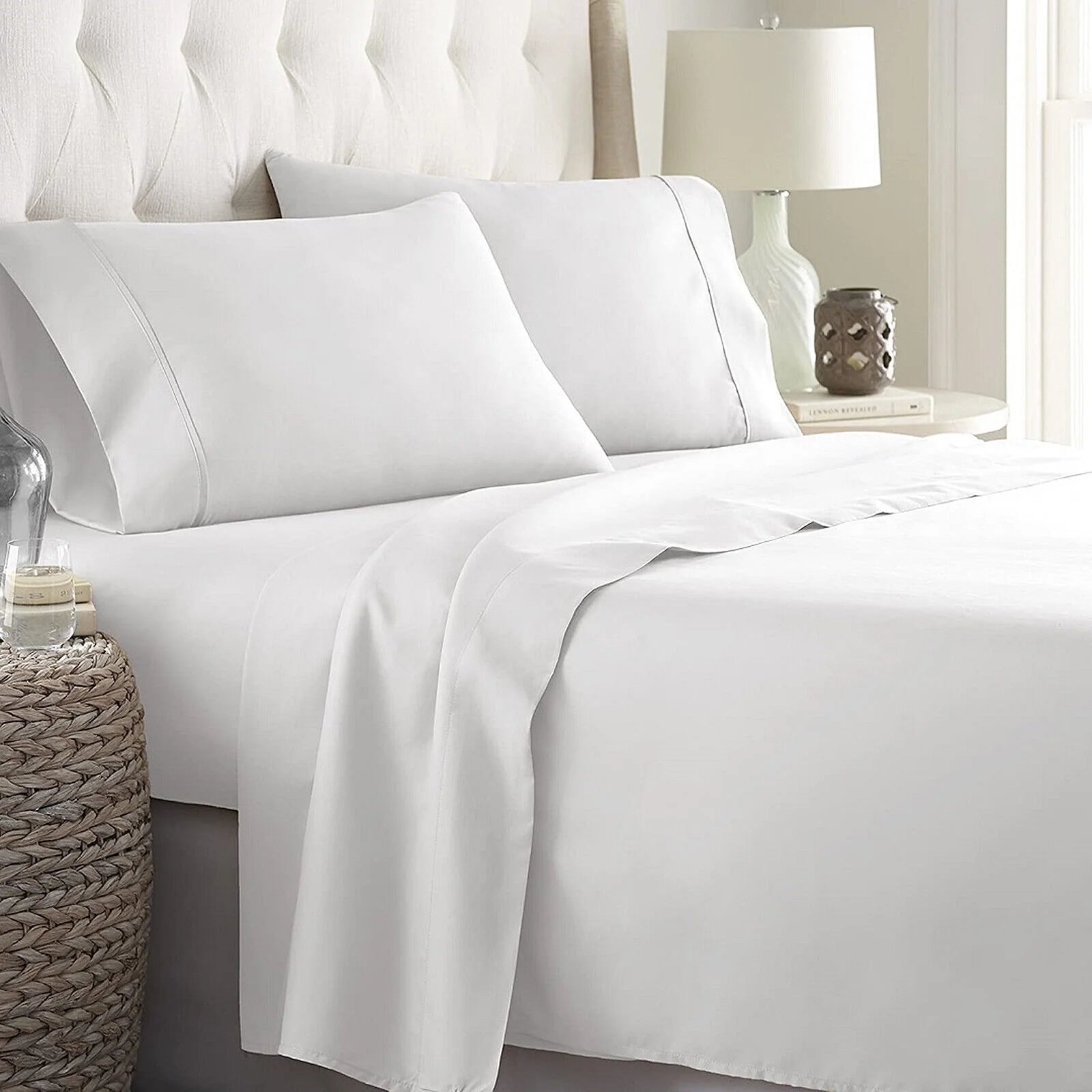 Dazzling 600 TC Pure High Quality Egyptian Cotton Sheets 4 Piece Sheet Set Contain 18 Inch Deep Pocket Fitted Sheet with 360° Elastic Corners All around White Solid Queen Size